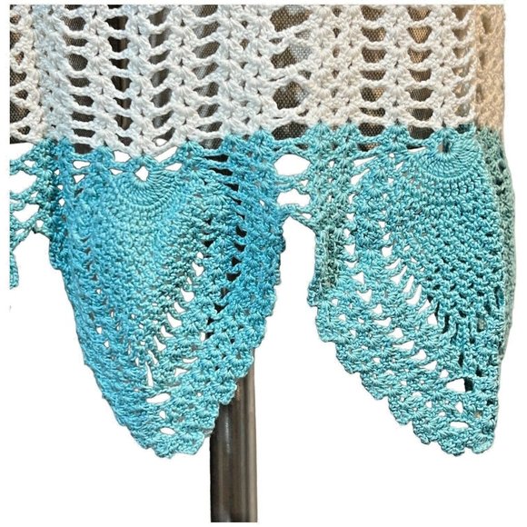 Vintage Crocheted Half Apron White Turquoise Crochet Handmade Ties at Waist - Picture 3 of 5